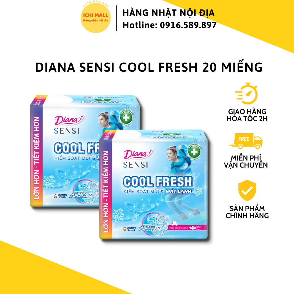 [Tặng 2 miếng đêm] Băng vệ sinh Diana Sensi Cool Fresh siêu mỏng cánh gói 20 miếng