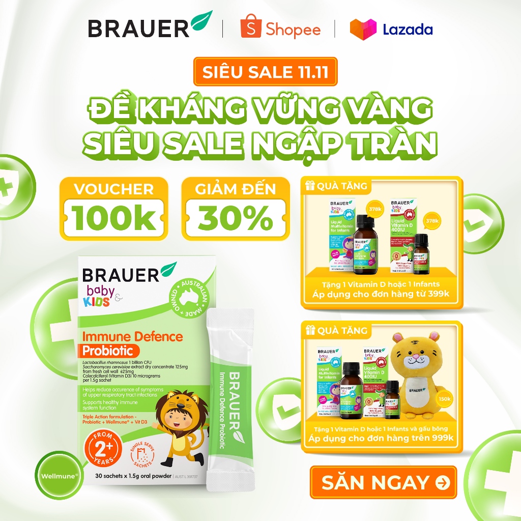 BRAUER Baby & Child IMMUNE DEFENCE PROBIOTIC-Men vi sinh hỗ trợ tăng cường sức đề kháng