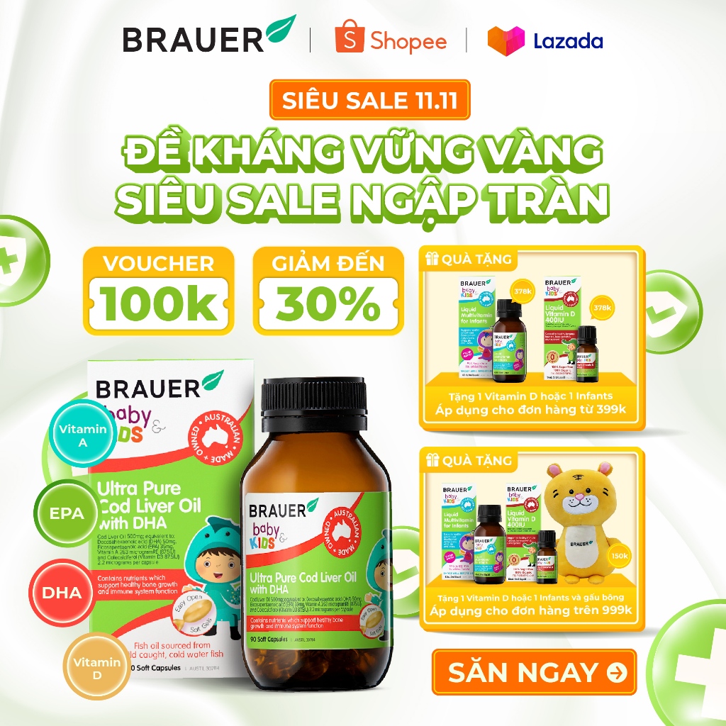 Vitamin BRAUER Baby & Kids Ultra Pure Cod Liver Oil with DHA - Bổ sung DHA tinh khiết cho trẻ từ 1 tuổi (90 viên nang)