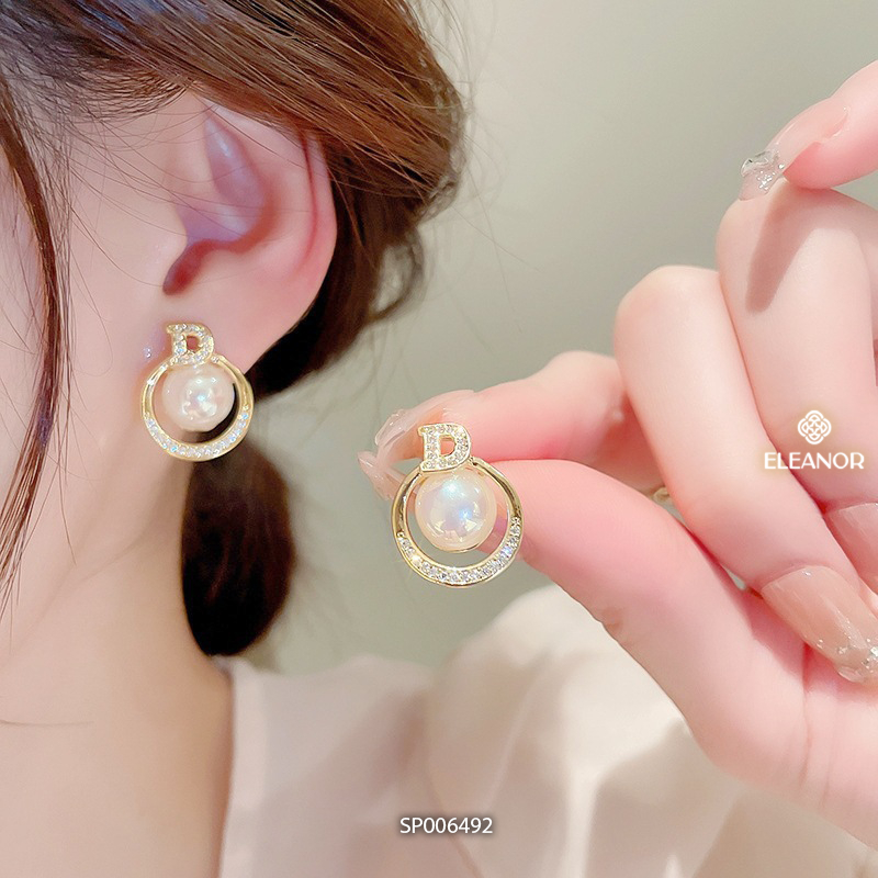 Bông tai nữ chuôi bạc 925 Eleanor Accessories hình tròn chữ D đính đá phụ kiện trang sức sang chảnh 6572