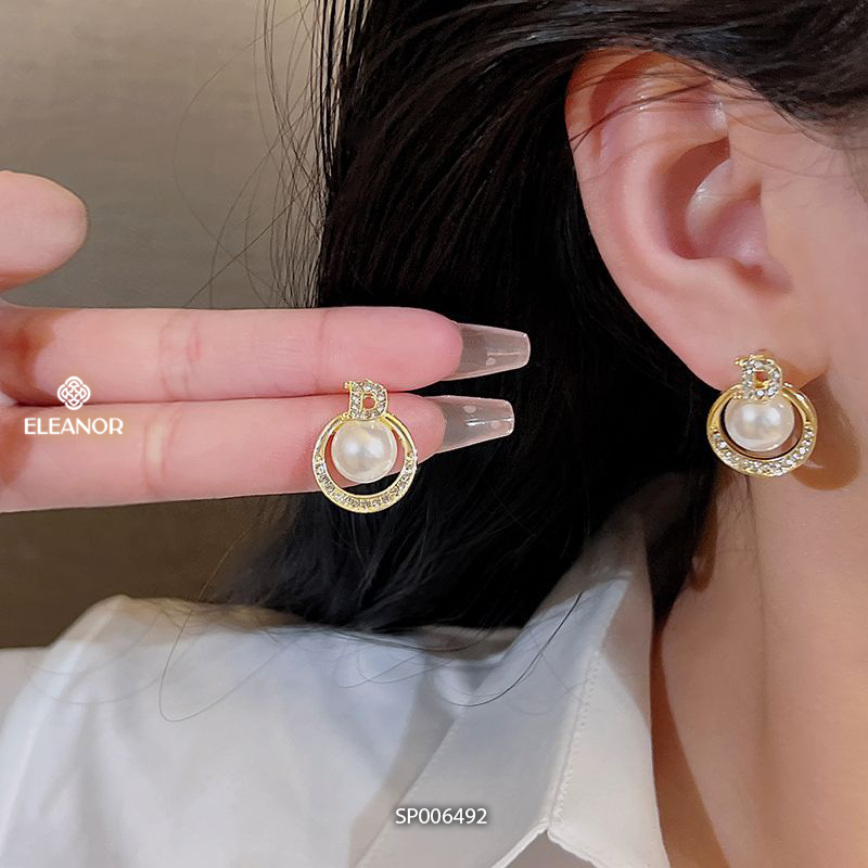 Bông tai nữ chuôi bạc 925 Eleanor Accessories hình tròn chữ D đính đá phụ kiện trang sức sang chảnh 6572