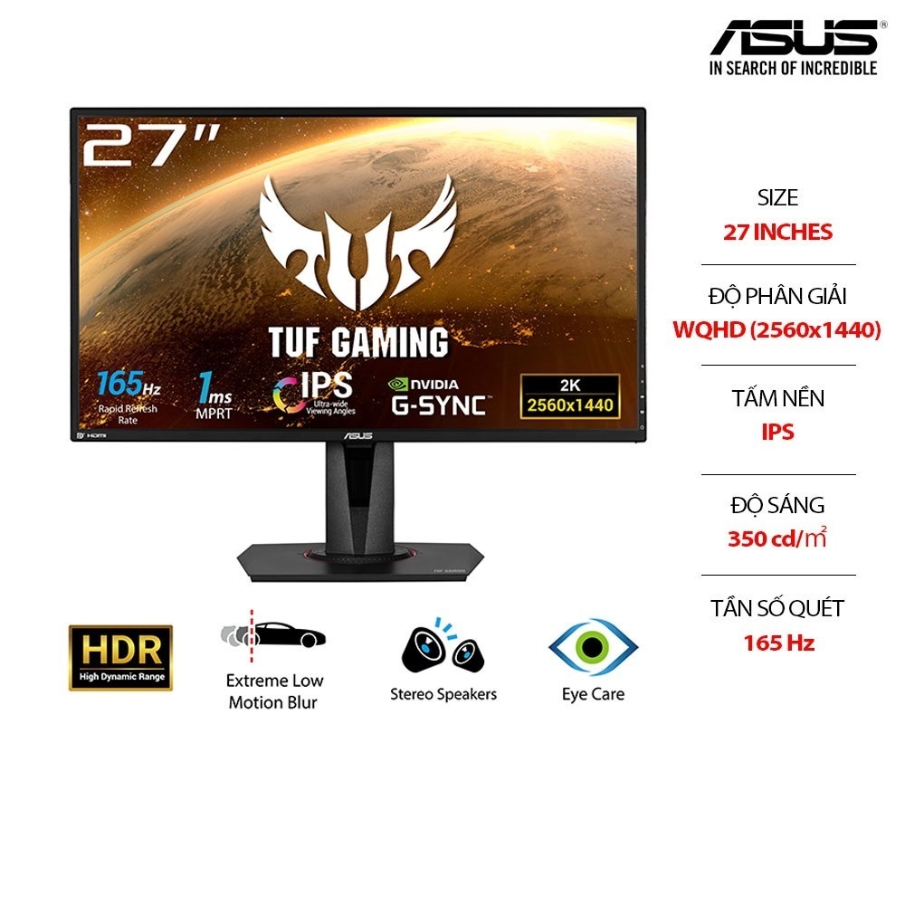 Màn Hình Gaming ASUS TUF VG27AQ (27.0 inch - QHD - IPS - 165Hz - 1ms - ELMBSync - GSync - AdaptiveSync - HDR10)