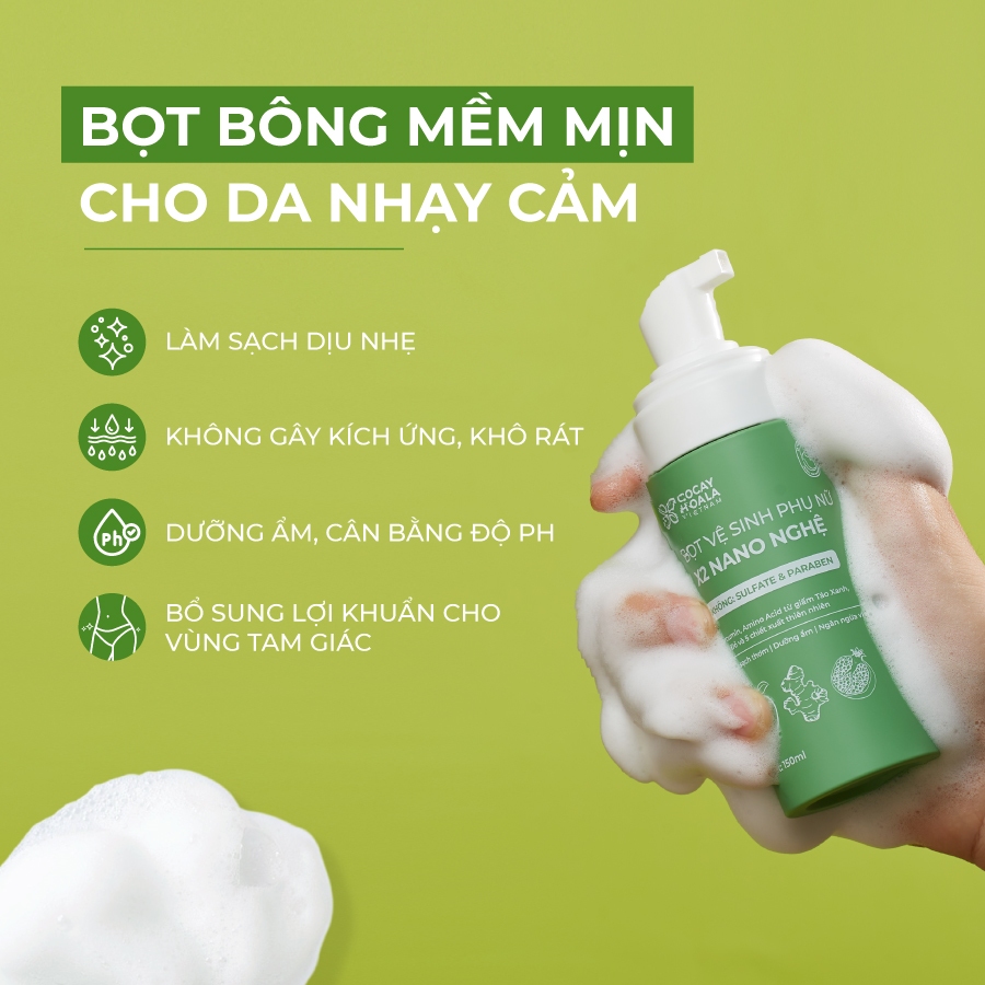 Dung Dịch Vệ Sinh Phụ Nữ Dạng Bọt Hữu Cơ X2 Nano Nghệ COCAYHOALA VIETNAM - Không Sulfate, Không Paraben, Dung tích 150ml