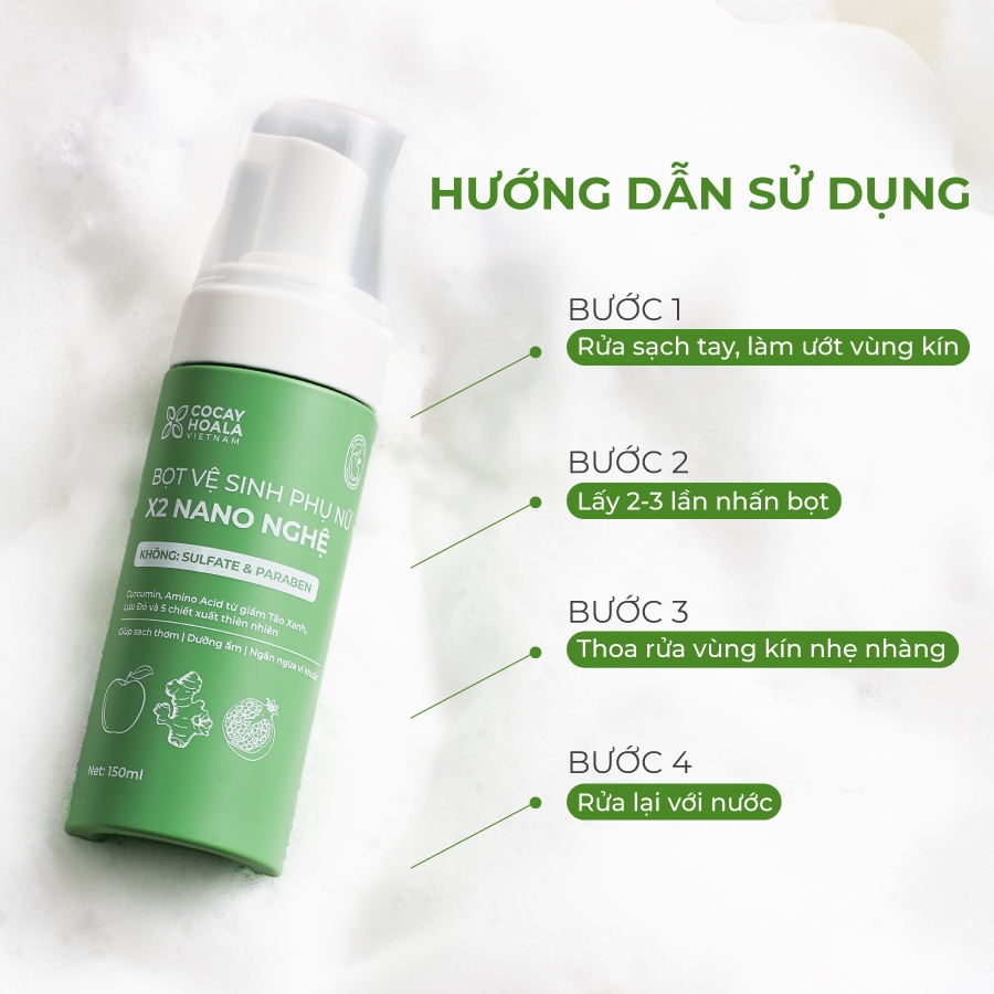 Dung Dịch Vệ Sinh Phụ Nữ Dạng Bọt Hữu Cơ X2 Nano Nghệ COCAYHOALA VIETNAM - Không Sulfate, Không Paraben, Dung tích 150ml