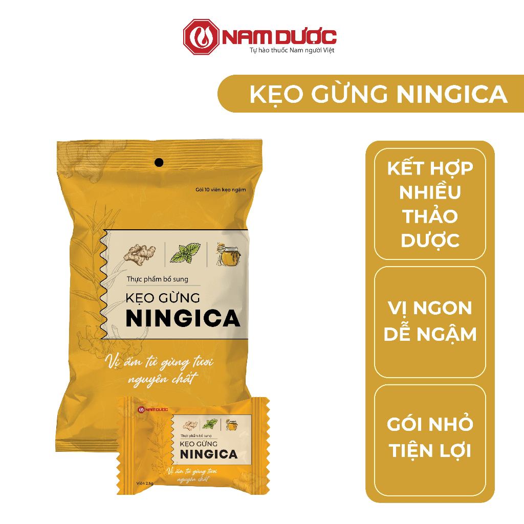 Kẹo Gừng Ningica, viên ngậm ho, đau họng, giảm chướng bụng đầy hơi, phòng cảm lạnh, chống say xe Bịch 10 gói x 10 viên.