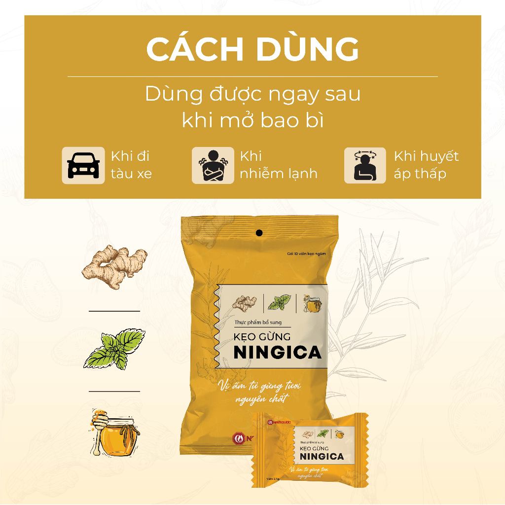 Kẹo Gừng Ningica, viên ngậm ho, đau họng, giảm chướng bụng đầy hơi, phòng cảm lạnh, chống say xe Bịch 10 gói x 10 viên.