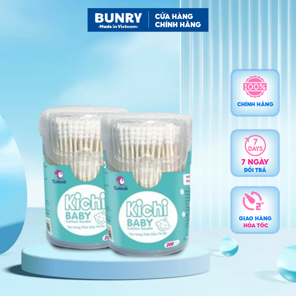 Tăm bông Kichi Newborn 100% bông tự nhiên, mềm thấm nước an toàn, tăm bông sơ sinh tiệt trùng bằng nhiệt Bunry shop