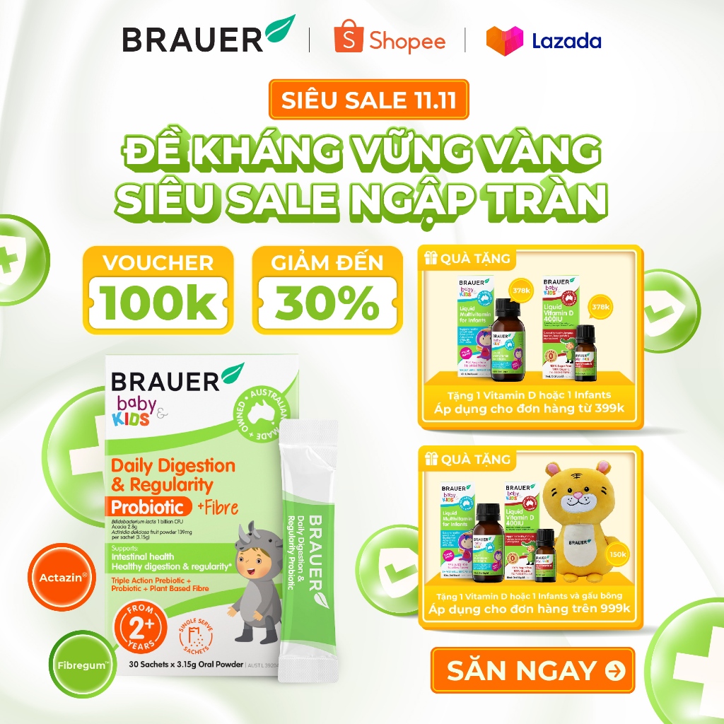 BRAUER Baby & Child DAILY DIGESTION & REGULARITY PROBIOTIC-Men vi sinh và chất sơ bổ sung hằng ngày Hàng tặng