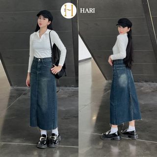 Chân váy jeans Hari trơn dáng dài cắt gấu phong cách hàn quốc (ko kèm đai) 9938