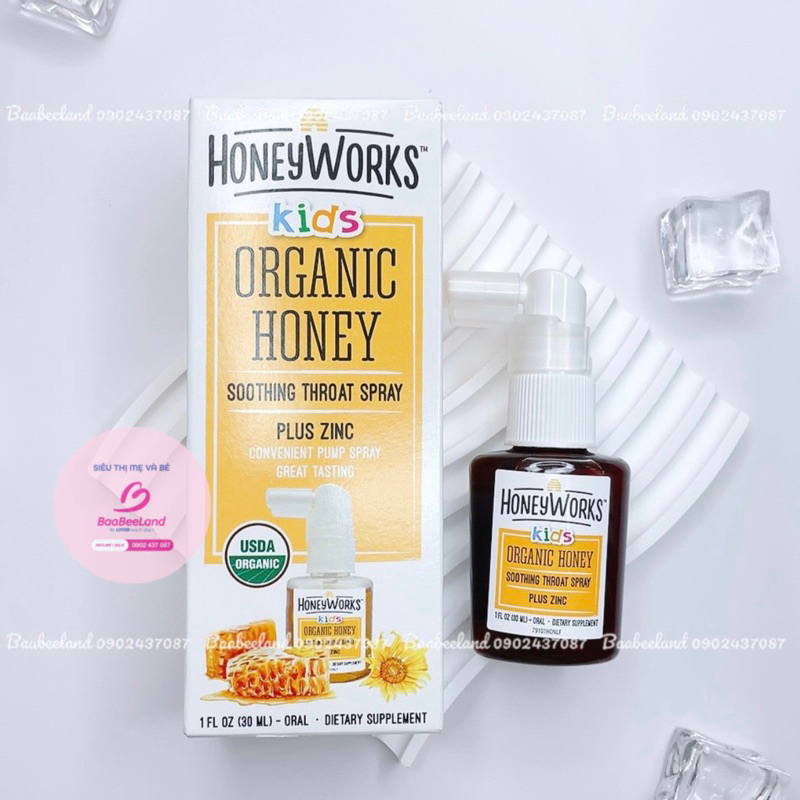 Xịt họng keo ong chứa kẽm hữu cơ 30ml HoneyWorks Kids Organic Honey Soothing Throat Spray Plus Zinc - BAABEELAND