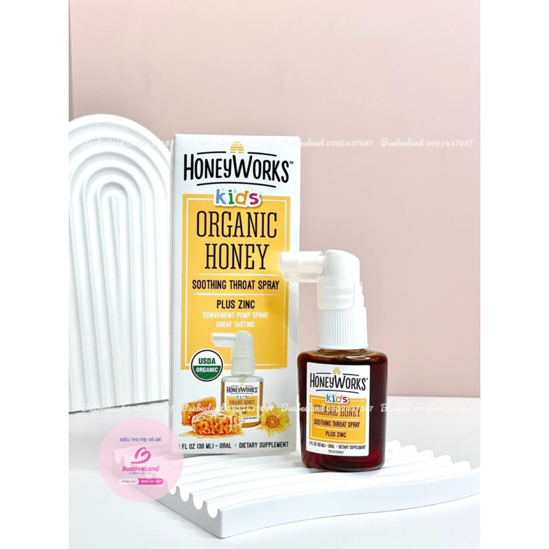 Xịt họng keo ong chứa kẽm hữu cơ 30ml HoneyWorks Kids Organic Honey Soothing Throat Spray Plus Zinc - BAABEELAND
