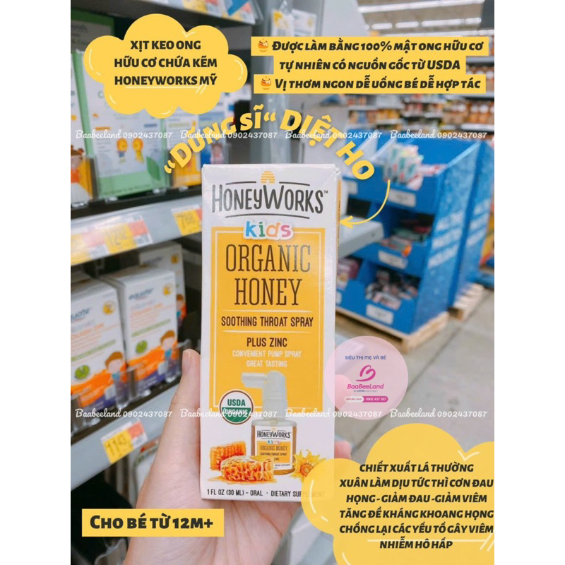Xịt họng keo ong chứa kẽm hữu cơ 30ml HoneyWorks Kids Organic Honey Soothing Throat Spray Plus Zinc - BAABEELAND
