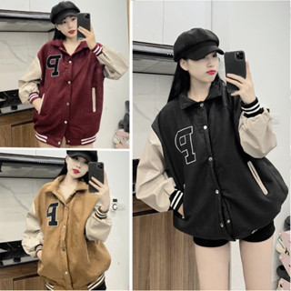 Áo khoác bomber unisex form rộng, áo khoác da lộn cúc bấm thêu logo chữ P lót bông dày dặn ấm áp