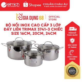 Bộ nồi inox cao cấp 3 lớp đáy liền Elmich Trimax 3741, Gồm 3 size 16cm, 20cm, 24cm, Chất liệu inox 304 chính hãng ELMICH