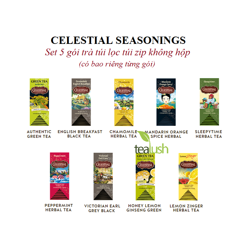 Set 5 gói lẻ trà túi lọc Celestial Seasonings (hàng Mỹ)