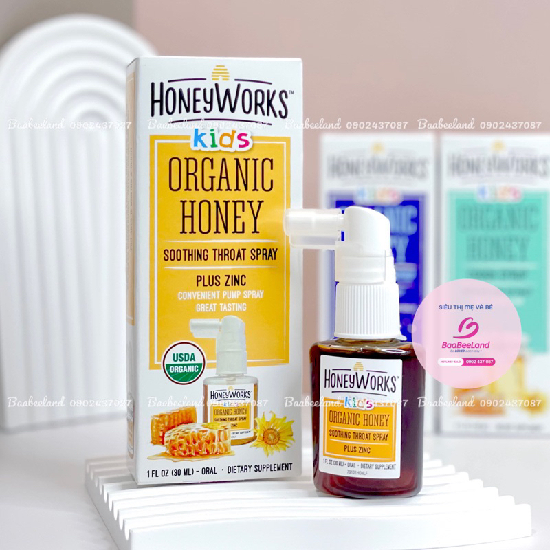Xịt họng keo ong chứa kẽm hữu cơ 30ml HoneyWorks Kids Organic Honey Soothing Throat Spray Plus Zinc - BAABEELAND