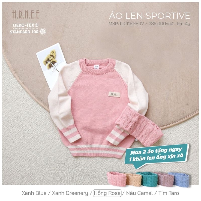 Áo len Hrnee cổ tròn cho bé trai, bé gái