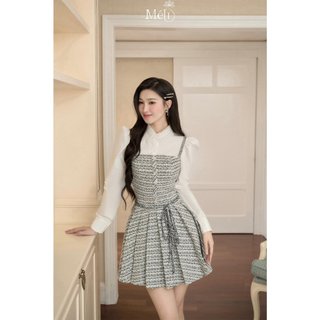  Đầm dạ 2 dây tweed đen trắng xếp ly dây eo -Áo sơ mi thô tay dài phối ren