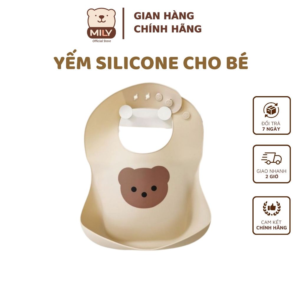 Yếm silicone ăn dặm chính hãng Mily có máng hứng rộng mềm mỏng 4 nấc cài.