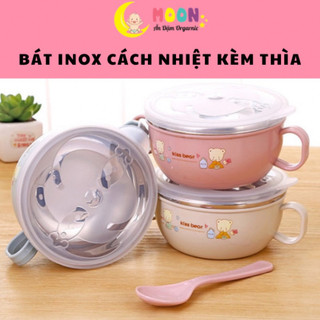 Bát Ăn Dặm Inox 2 lớp Cách Nhiệt Cho Bé Có Tay Cầm Nắp Đậy Kèm Thìa Muỗng, Chén ăn cháo, Bát Ăn Cơm Cho Trẻ Em