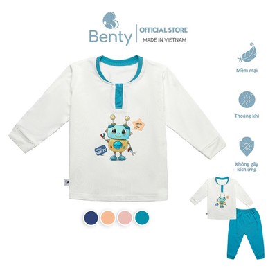 Bộ dài tay cổ trụ in hình robot Hello BENTY BT047 thấm hút mồ hôi, mềm mịn, đồ bộ trẻ em cao cấp