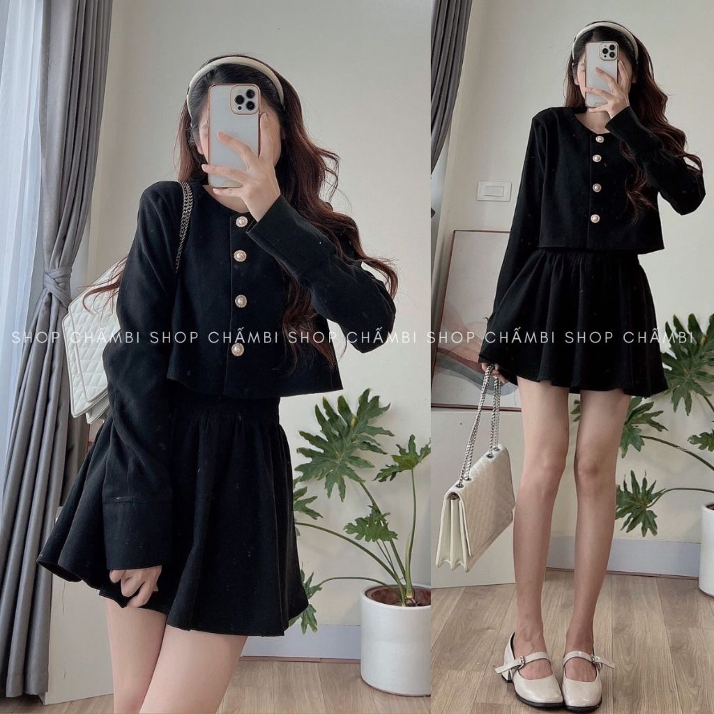 Set đồ nữ đi chơi S.170, Set áo croptop xắn tay kèm chân váy bồng xòe trẻ trung năng động - Shop Chấm Bi