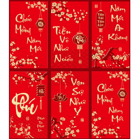 Sỉ 60 bao lì xì tết loại víp 2023- Giá xưởng - Mạ vàng dập nổi 3D (9x16cm)
