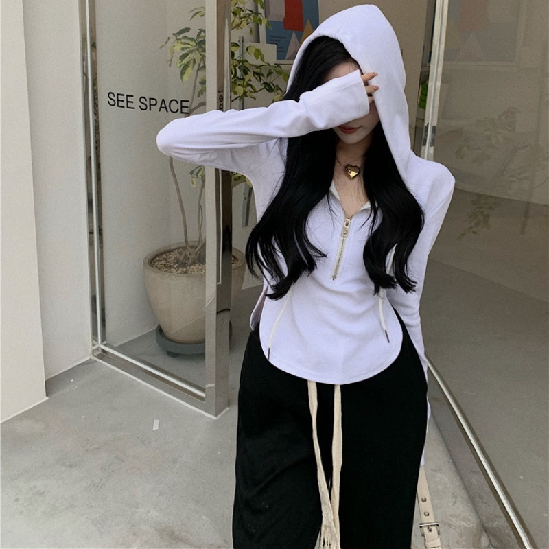 Áo thun nữ có mũ, Áo Hoodie Nữ Croptop dài tay có khóa xiết thời trang phong cách Hàn Quốc, Áo nỉ nữ thu đông