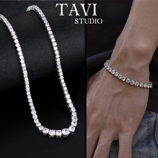 Combo Dây Chuyền + Vòng Tay Bạc Đính Đá Tavi Studio Đơn Giản Thời Trang Cho Nam Và Nữ