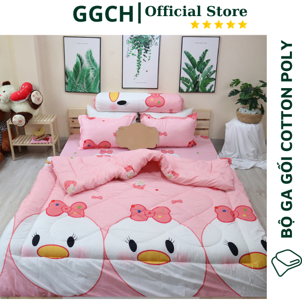 (Giảm Giá ) Sét Chăn Phao Vịt Hồng Ga Gối Poly Cotton (Được chọn mẫu)