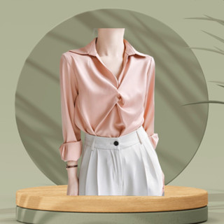 Áo sơ mi lụa nữ tay dài ngực xoắn eo  phong cách công sở 2023