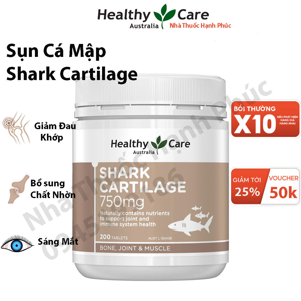 Sụn vi cá mập Healthy Care Shark Cartilage 750mg 200 viên của Úc