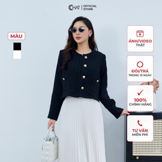 Áo Khoác Nữ CCHAT Dáng Ngắn Suông Cổ Tròn Chất Dạ Tweed Cao Cấp 23EHZ2009ST