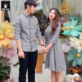 Set Sơ Mi Váy FIGTREE Caro Trắng Đen Mã 147C Quà Tặng Cho Các Cặp Đôi