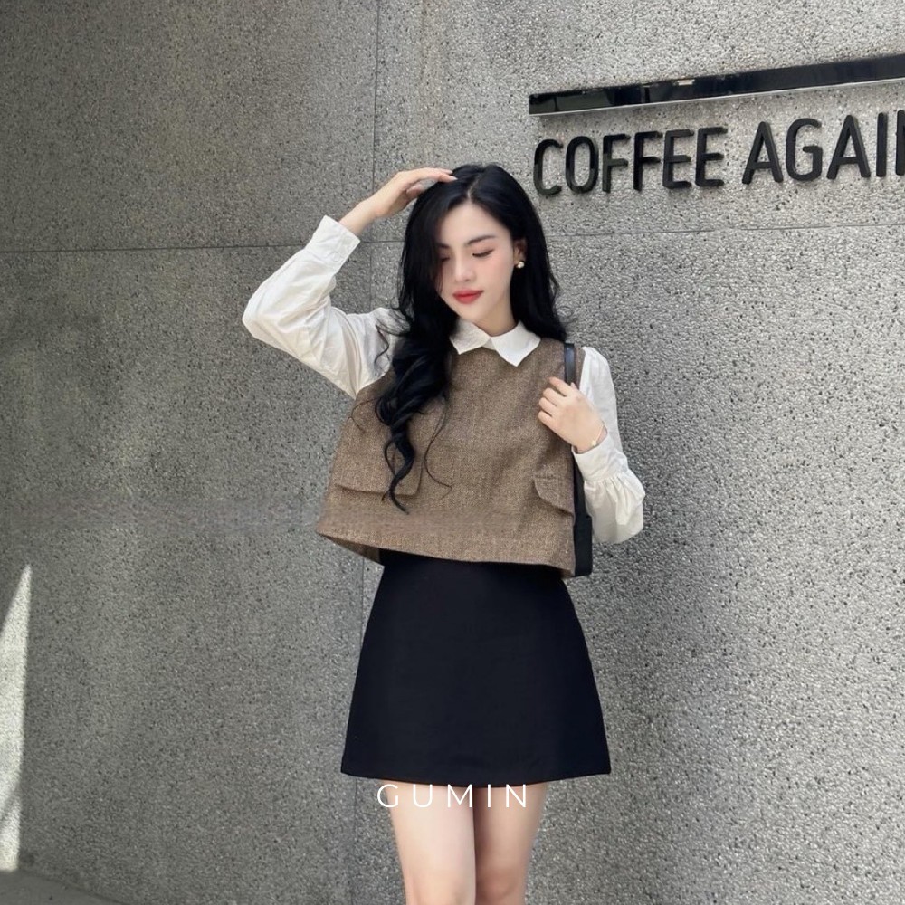Áo dạ nâu tây phối sơ mi GUMIN thiết kế 2 lớp dáng áo suông vintage trẻ trung