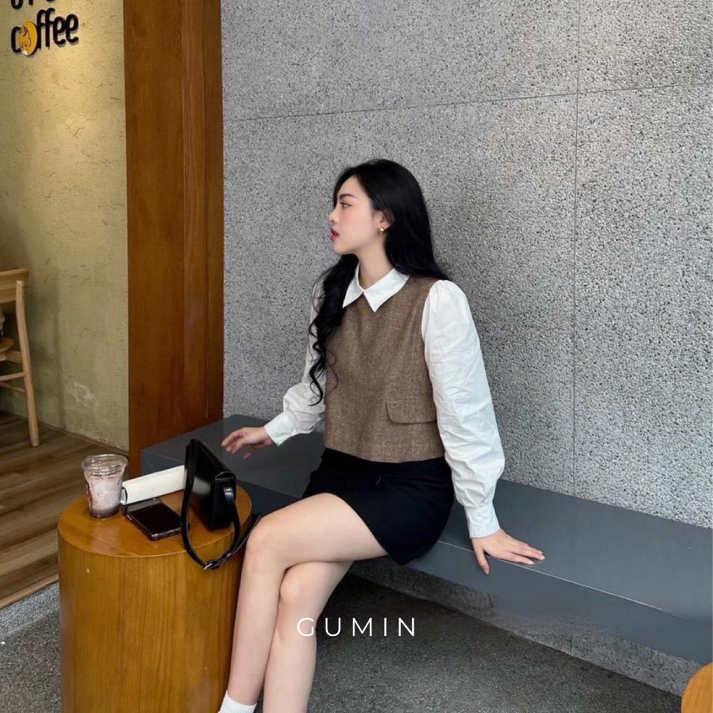 Áo dạ nâu tây phối sơ mi GUMIN thiết kế 2 lớp dáng áo suông vintage trẻ trung