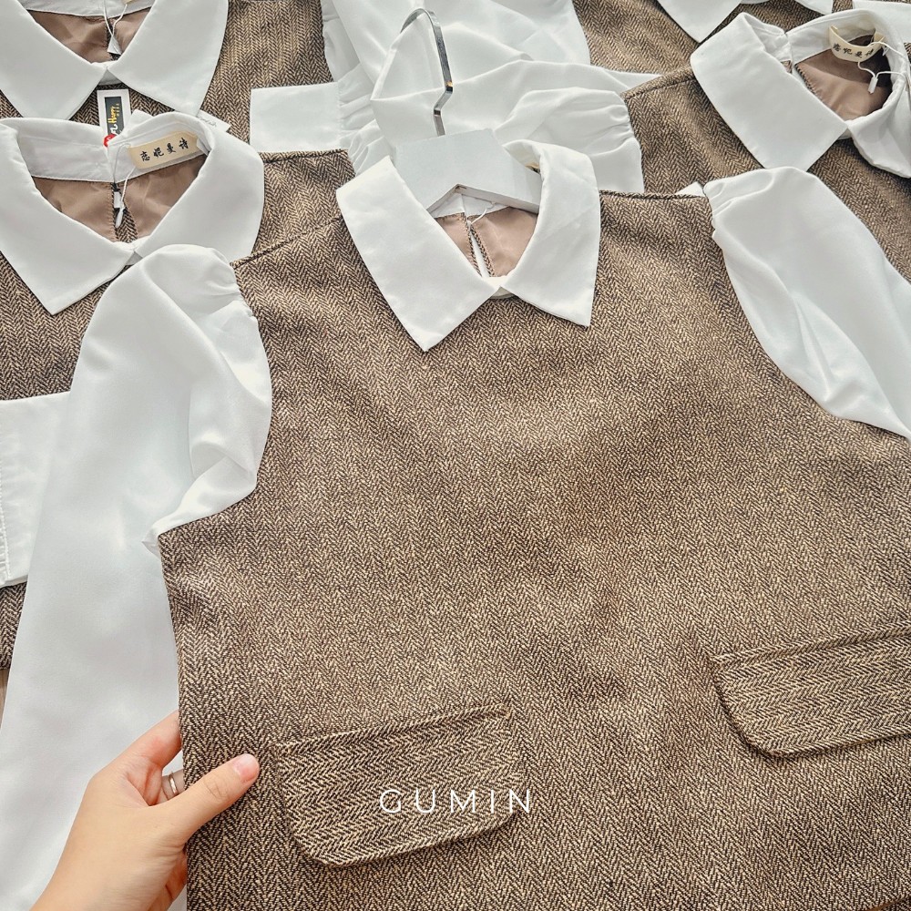 Áo dạ nâu tây phối sơ mi GUMIN thiết kế 2 lớp dáng áo suông vintage trẻ trung