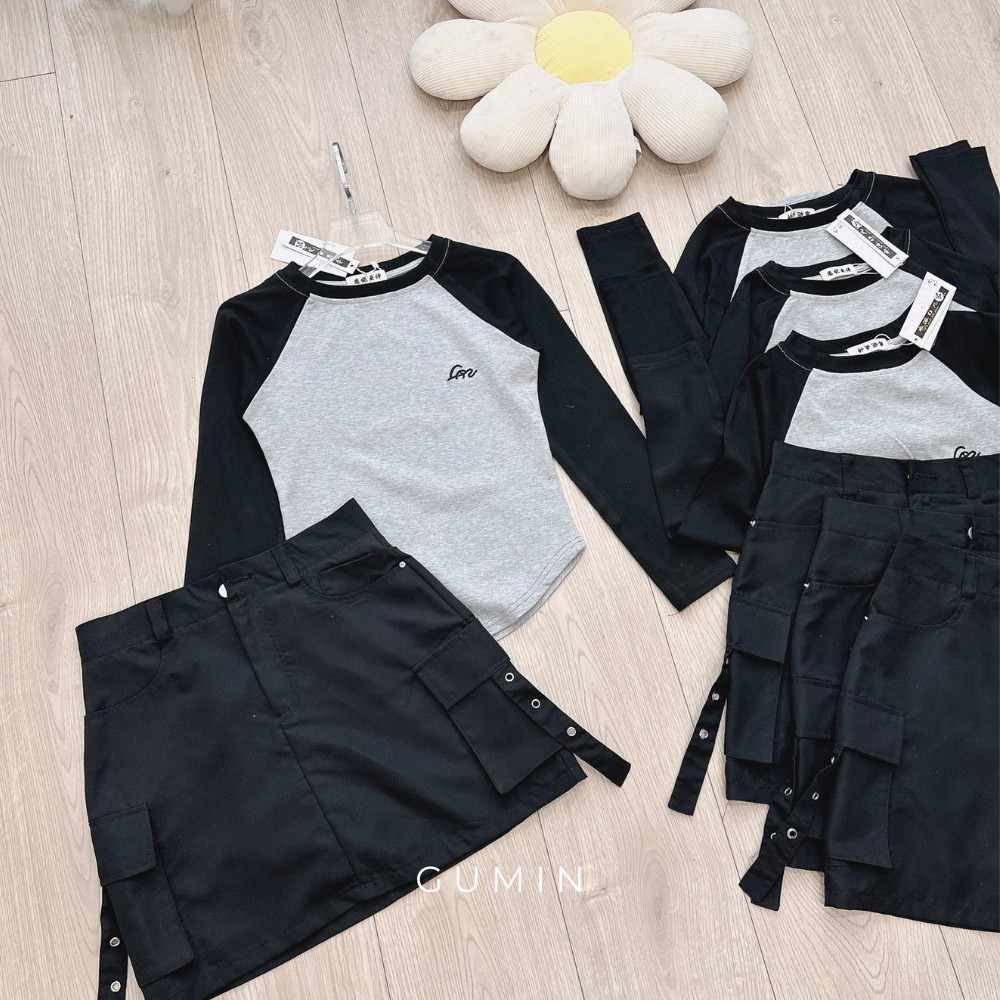 Set áo váy thu đông GUMIN gồm áo thun xám dài tay và chân váy ngắn túi hộp sang chảnh