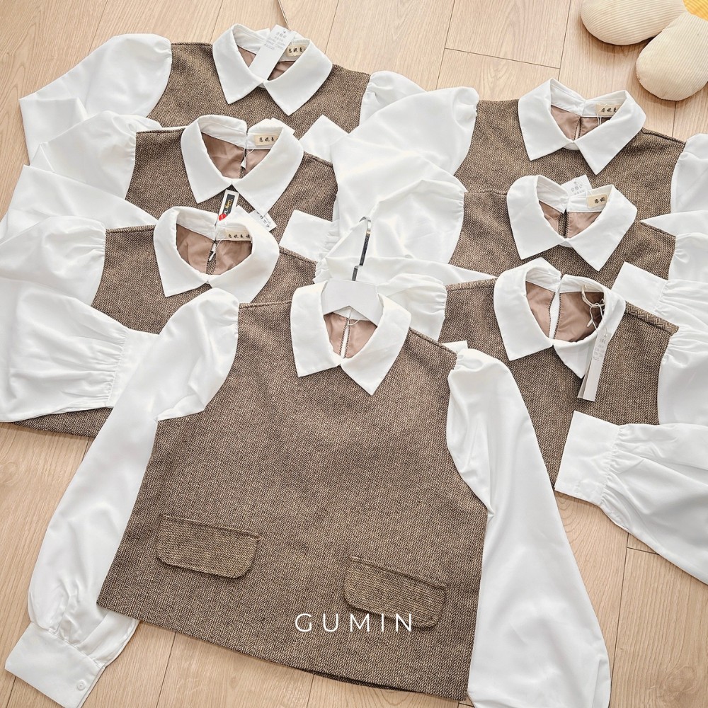 Áo dạ nâu tây phối sơ mi GUMIN thiết kế 2 lớp dáng áo suông vintage trẻ trung