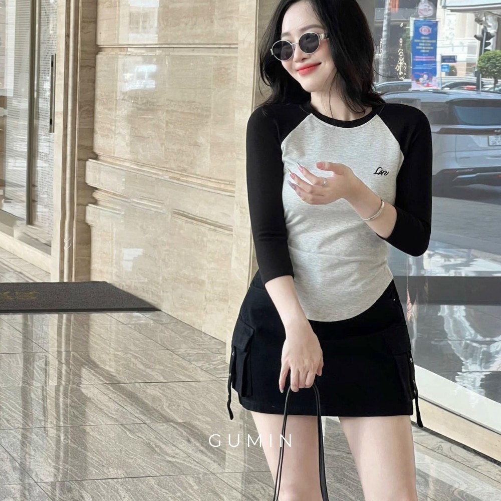 Set áo váy thu đông GUMIN gồm áo thun xám dài tay và chân váy ngắn túi hộp sang chảnh