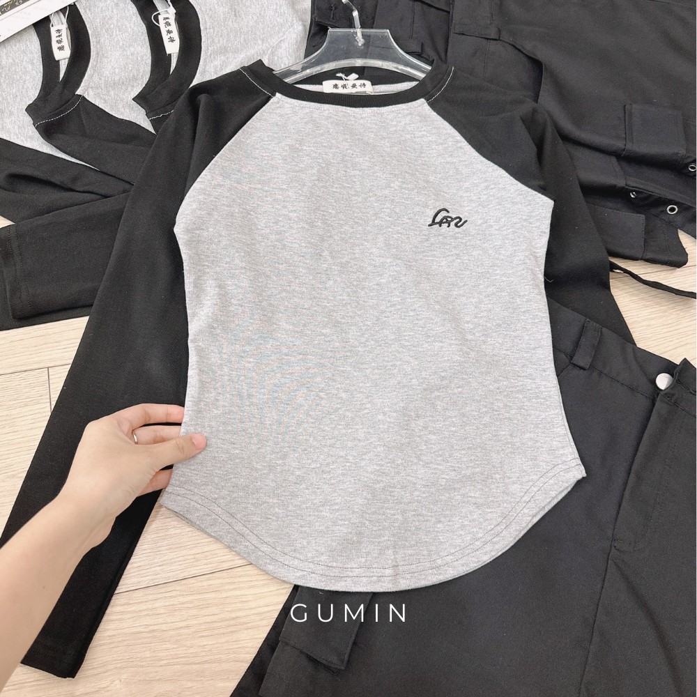 Set áo váy thu đông GUMIN gồm áo thun xám dài tay và chân váy ngắn túi hộp sang chảnh