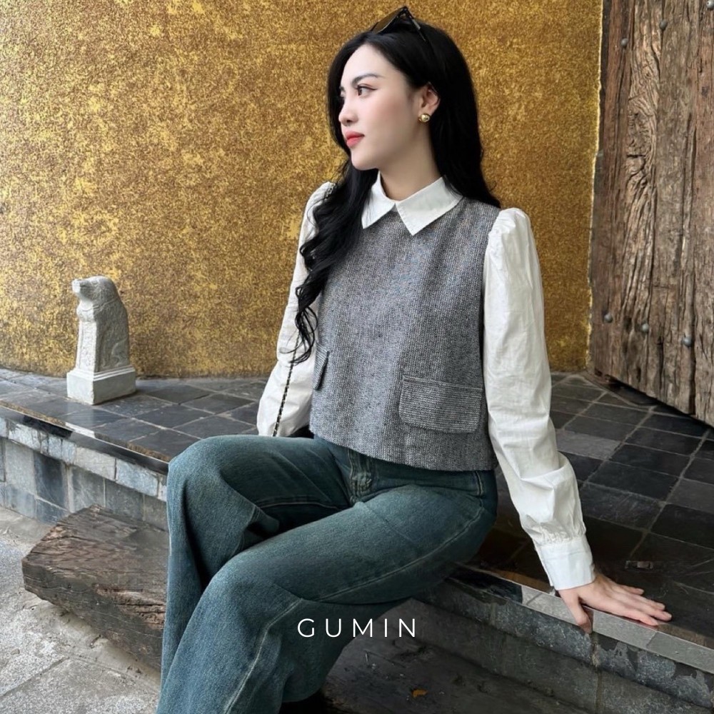 Áo dạ xám GUMIN phối sơ mi tay bồng nhẹ sang trọng, Áo công sở nữ thu đông cao cấp