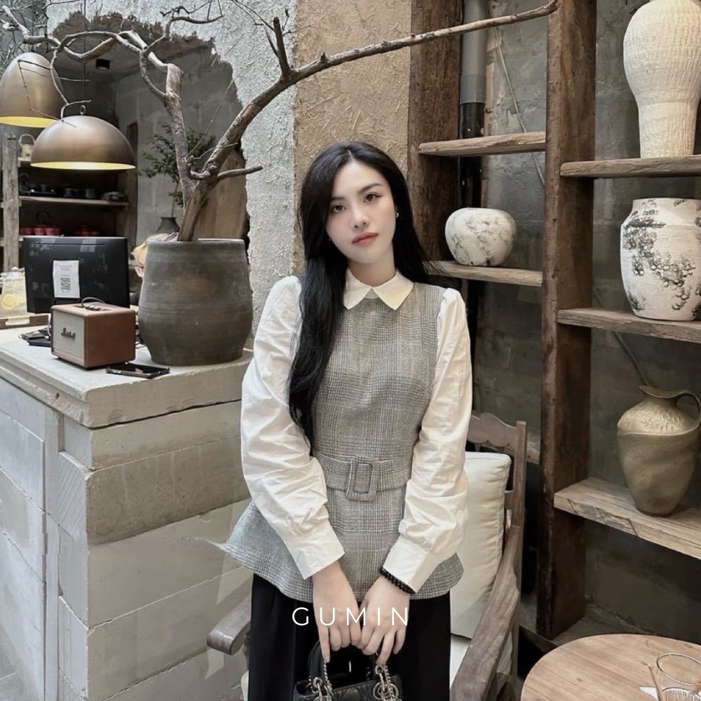 Áo dạ xám GUMIN phối sơ mi tay bồng nhẹ sang trọng, Áo công sở nữ thu đông cao cấp