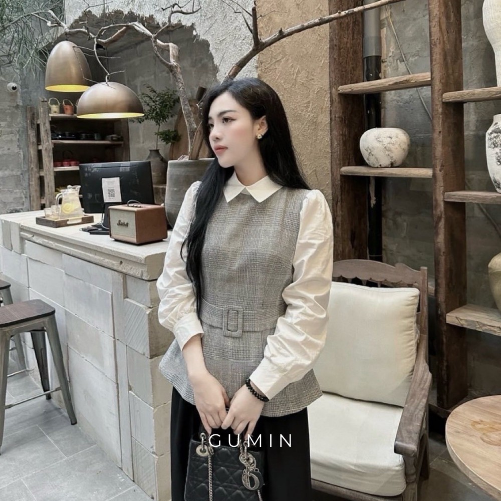Áo dạ xám GUMIN phối sơ mi tay bồng nhẹ sang trọng, Áo công sở nữ thu đông cao cấp