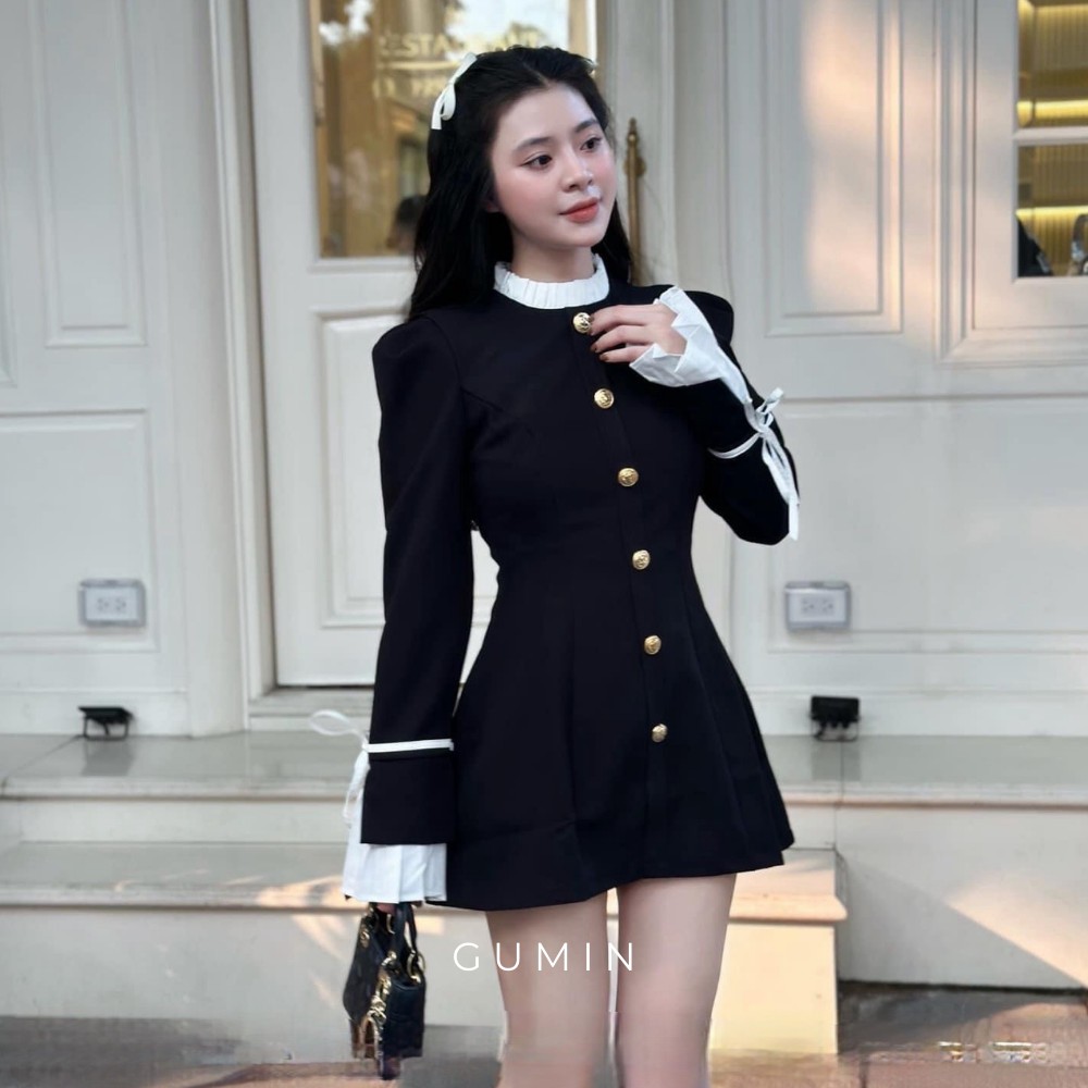 Đầm xoè ngắn khuy đồng GUMIN phối xếp ly sang trọng trẻ trung, dáng chữ A tiểu thư