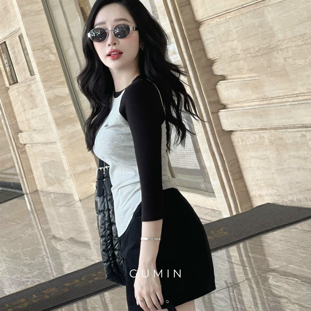 Set áo váy thu đông GUMIN gồm áo thun xám dài tay và chân váy ngắn túi hộp sang chảnh