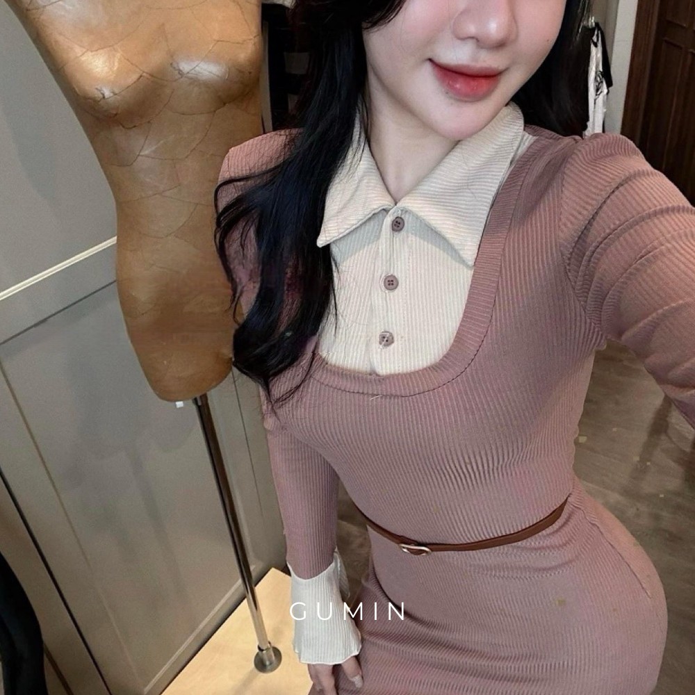 Váy body len dài tay GUMIN màu hồng đất sang chảnh, Đầm dự tiệc thu đông vintage