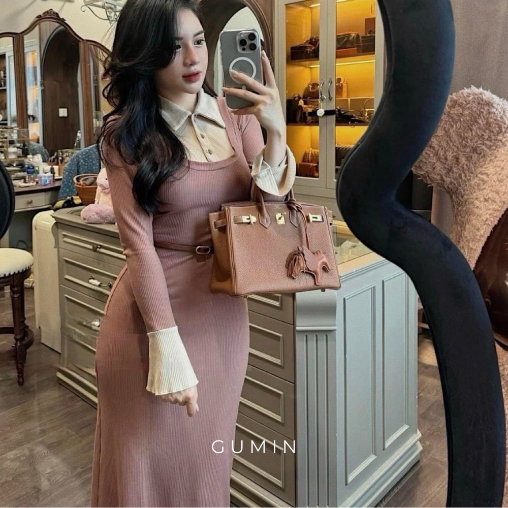 Váy body len dài tay GUMIN màu hồng đất sang chảnh, Đầm dự tiệc thu đông vintage