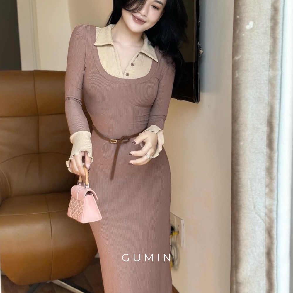 Váy body len dài tay GUMIN màu hồng đất sang chảnh, Đầm dự tiệc thu đông vintage