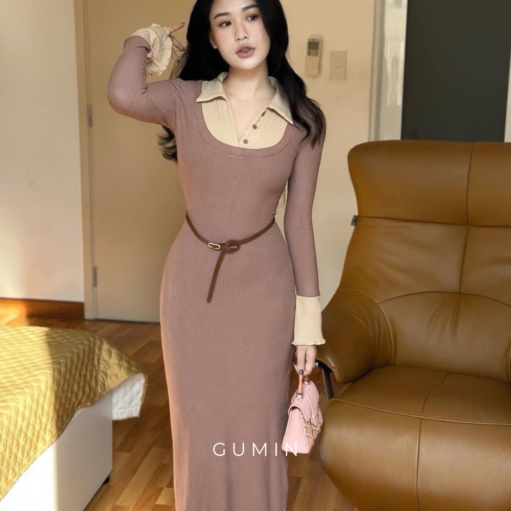 Váy body len dài tay GUMIN màu hồng đất sang chảnh, Đầm dự tiệc thu đông vintage